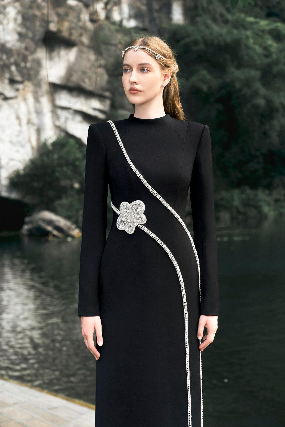 Stone Embellished Padded Shoulder Dress - TRACY COUTURE